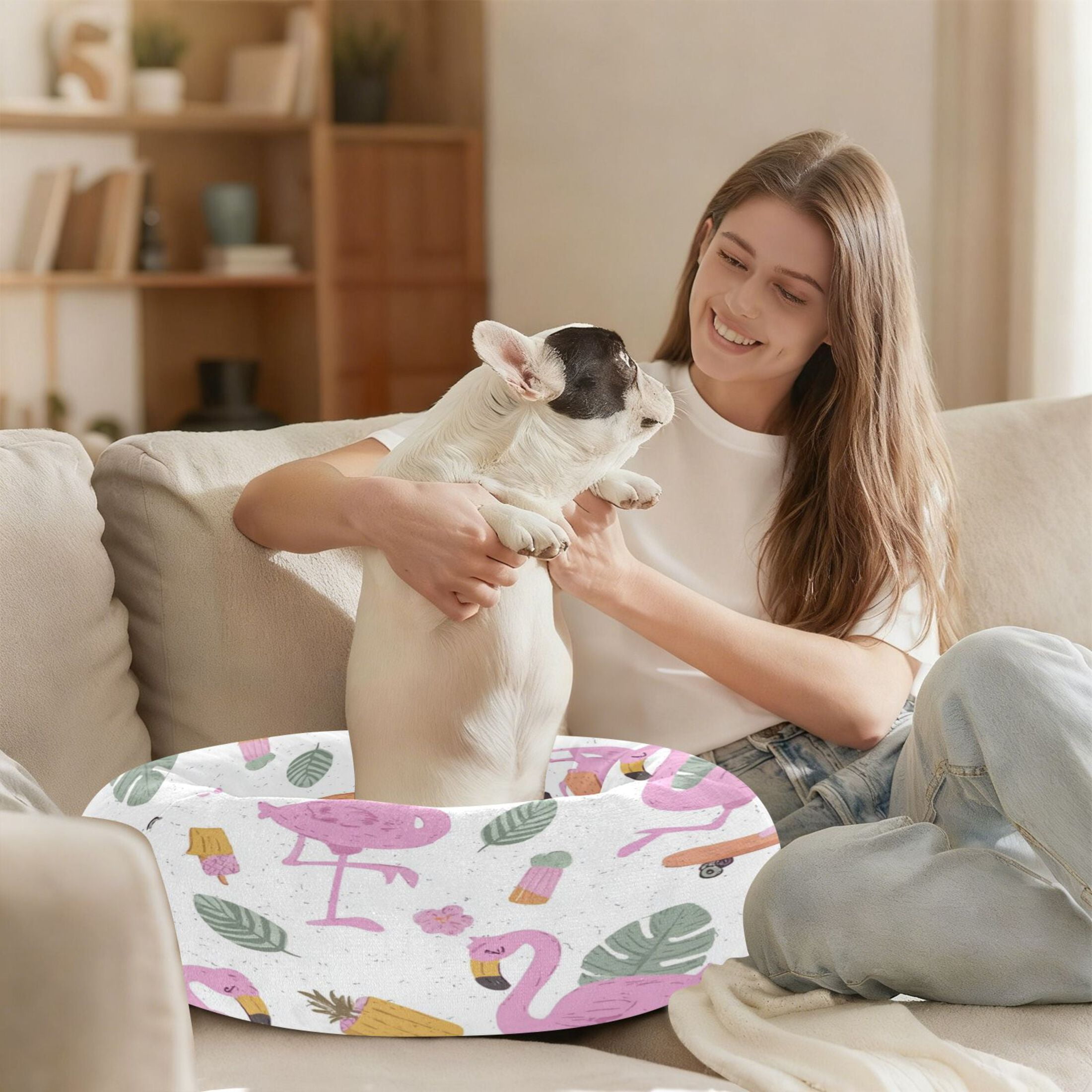 Iauyy Pet Couch Donut Cat Bed for Indoor Cats/Small Dogs Washable & Machine with Non-slip Bottom Calming Cat Furniture, Around Tropical Leaves and Flowers (S)