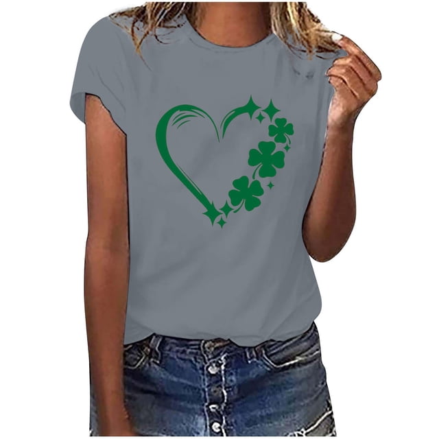 QIPOPIQ T-Shirts à Manches Courtes Col Rond pour Femmes T-Shirts de la Saint-Patrick T-Shirt Trèfle T-Shirt Vert Imprimé Cœur Tunique Hauts T-Shirts pour Filles Cadeau T-Shirts Graphiques Offres