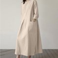 thumbnail image 4 of Women Cotton Linen Maxi Dress 3/4 Sleeve Crewneck Slit Shift Dresses Plus Size Casual Fall Trendy Oversized Tshirt Dress, 4 of 7