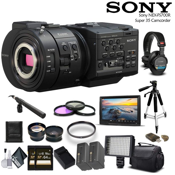 Videocámara Sony NEX-FS700R Super 35 con 2 tarjetas de -64 GB, 2 baterías adicionales, luz LED, estuche, trípode, micrófono Rode, pantalla externa y auriculares Sony - Paquete profesional