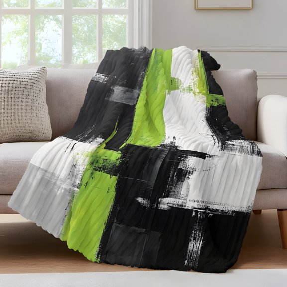 Green Black White Fleece Throw Blanket for Couch, Abstract Street Art Strokes Microfiber Flannel Blanket for All Season, Lightweight Soft Throw Blankets for Girls, Kids, Teens, 40"x60"