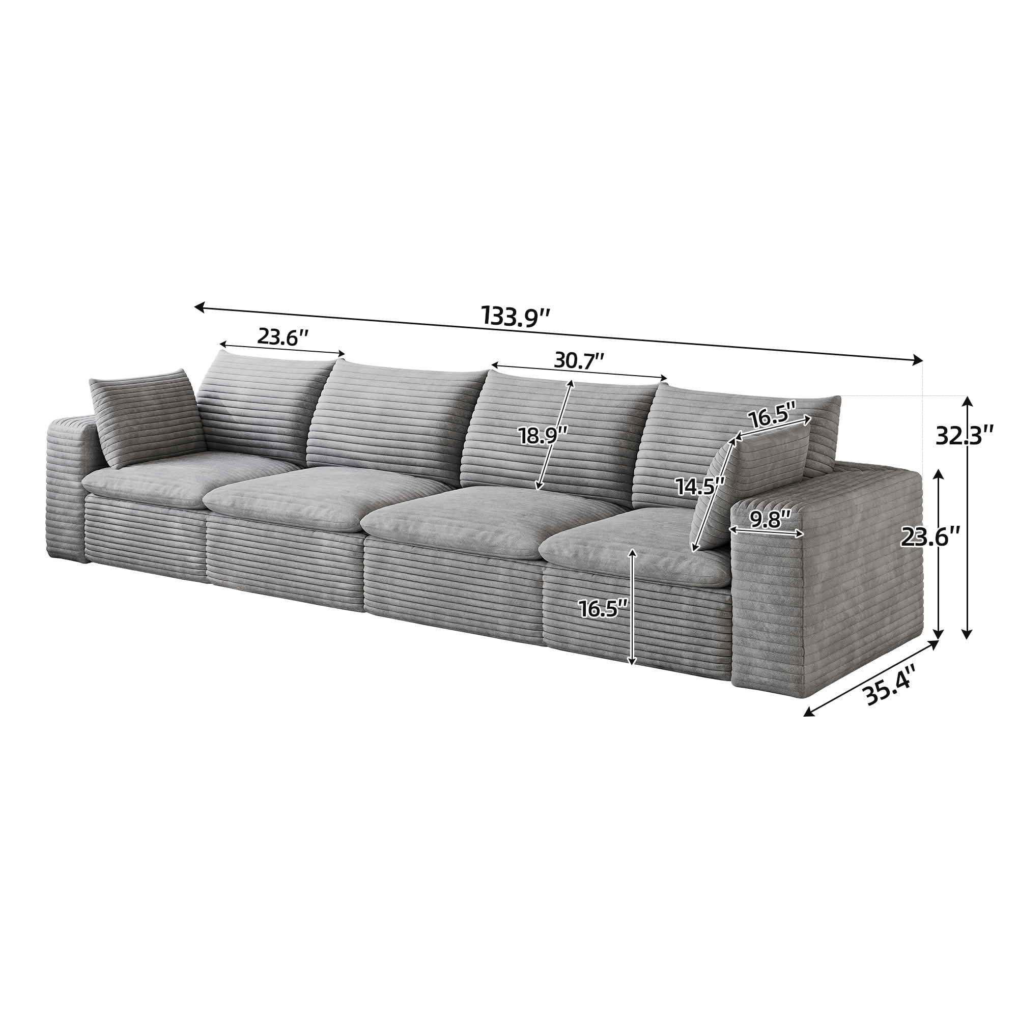 MAYEERTY 134 Inch Cloud Modular Sofa, Corduroy Deep‑Seat Couch with Double‑Layer Removable Cushions, No‑Assembly DIY Combination Sponge Sofa for Living Room Bedroom Conference Room Apartment