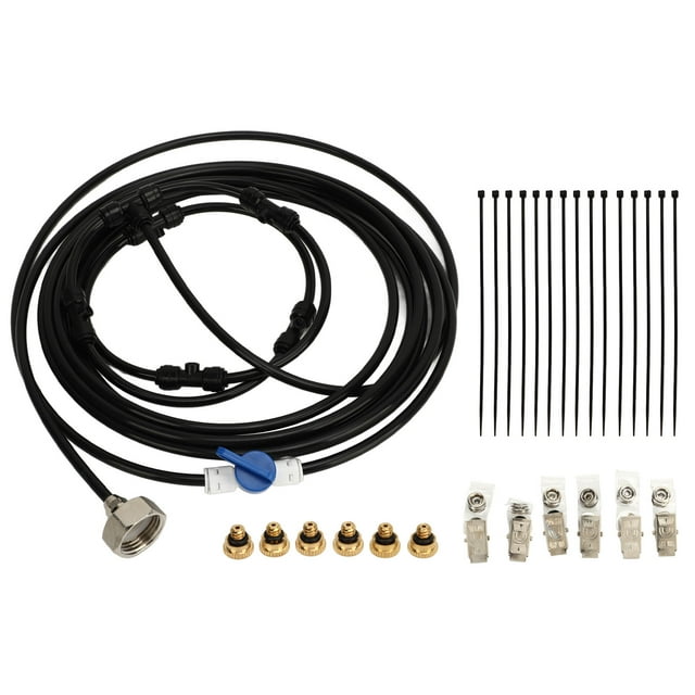 Kit de nebulización con ventilador y adaptador de 3/4, manguera de 5 m y 6 boquillas para refrescar patios, jardines, invernaderos, brisa, rosca estándar de EE. UU.