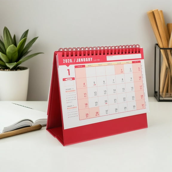 OFFIGAM 2026 Desk Calendar Red Portable Standing Monthly Planner for Office and Home