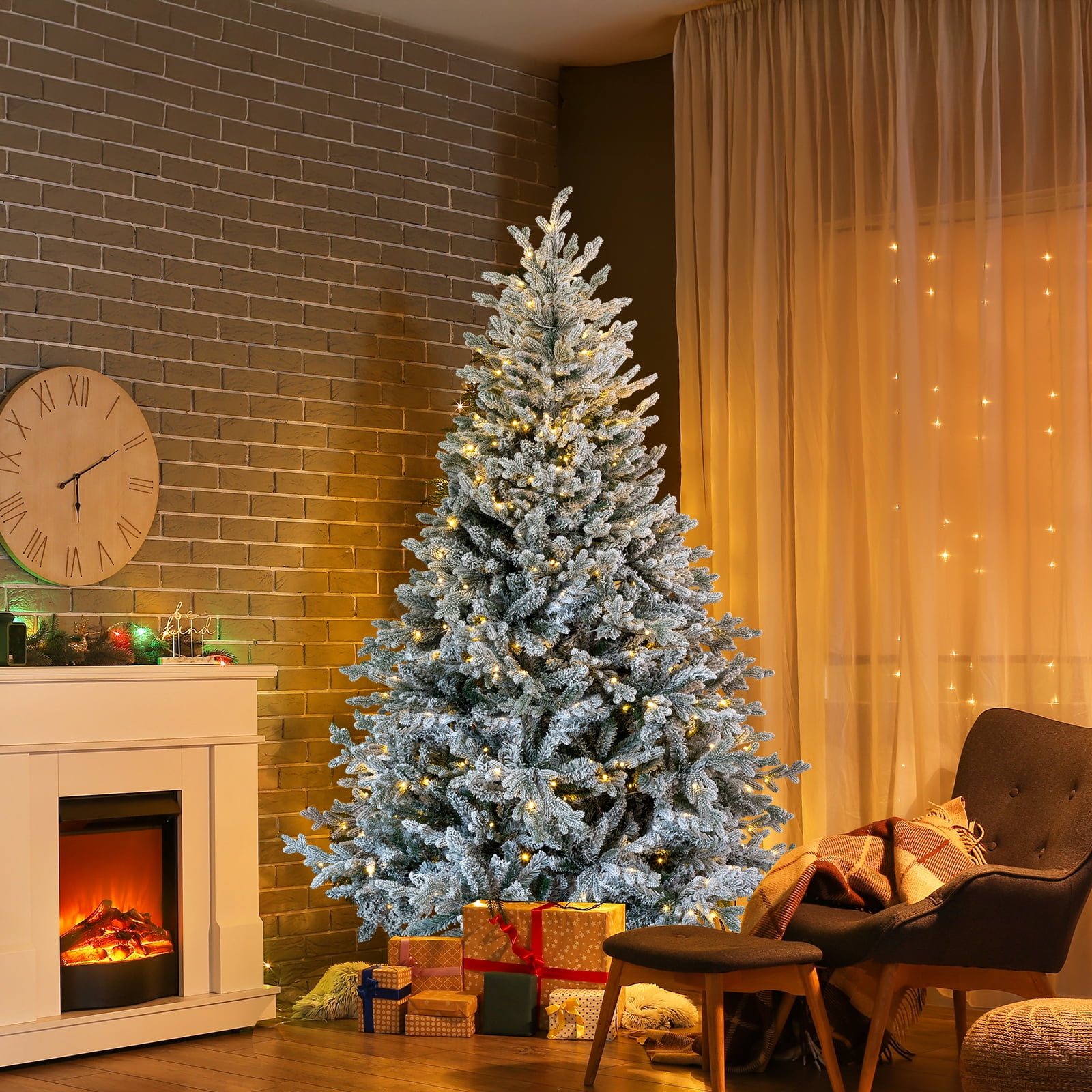 Astoutdoor 7 ft Pre-lit Snow Flocked Christmas Tree with 1100 Branch Tips and 400 Lights, Snow Flocked Green
