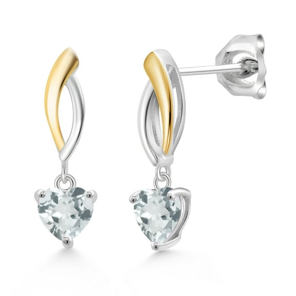 Gem Stone King 925 Silver and 10K Yellow Gold Sky Blue Aquamarine Dangle Earrings for Women (0.83 Cttw, Gemstone March Birthstone, Heart Shape 5MM)