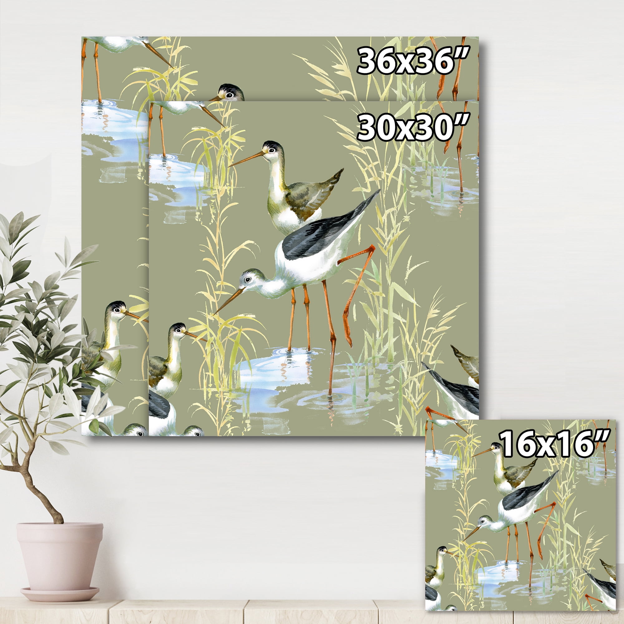 Designart ' Herons Birds In The Gray Water ' Farmhouse Canvas Wall Art Print