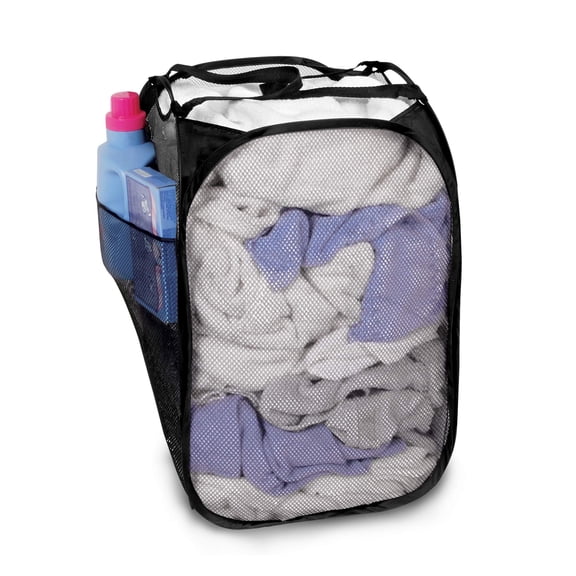 Smart Design Pop Up Laundry Hamper with Easy Carry Handles and Side Pocket - Durable Mesh Fabric - Collapsible Design - Clothes and Laundry - Home Organization - Holds 2 Loads - 14 x 23 Inch - Black