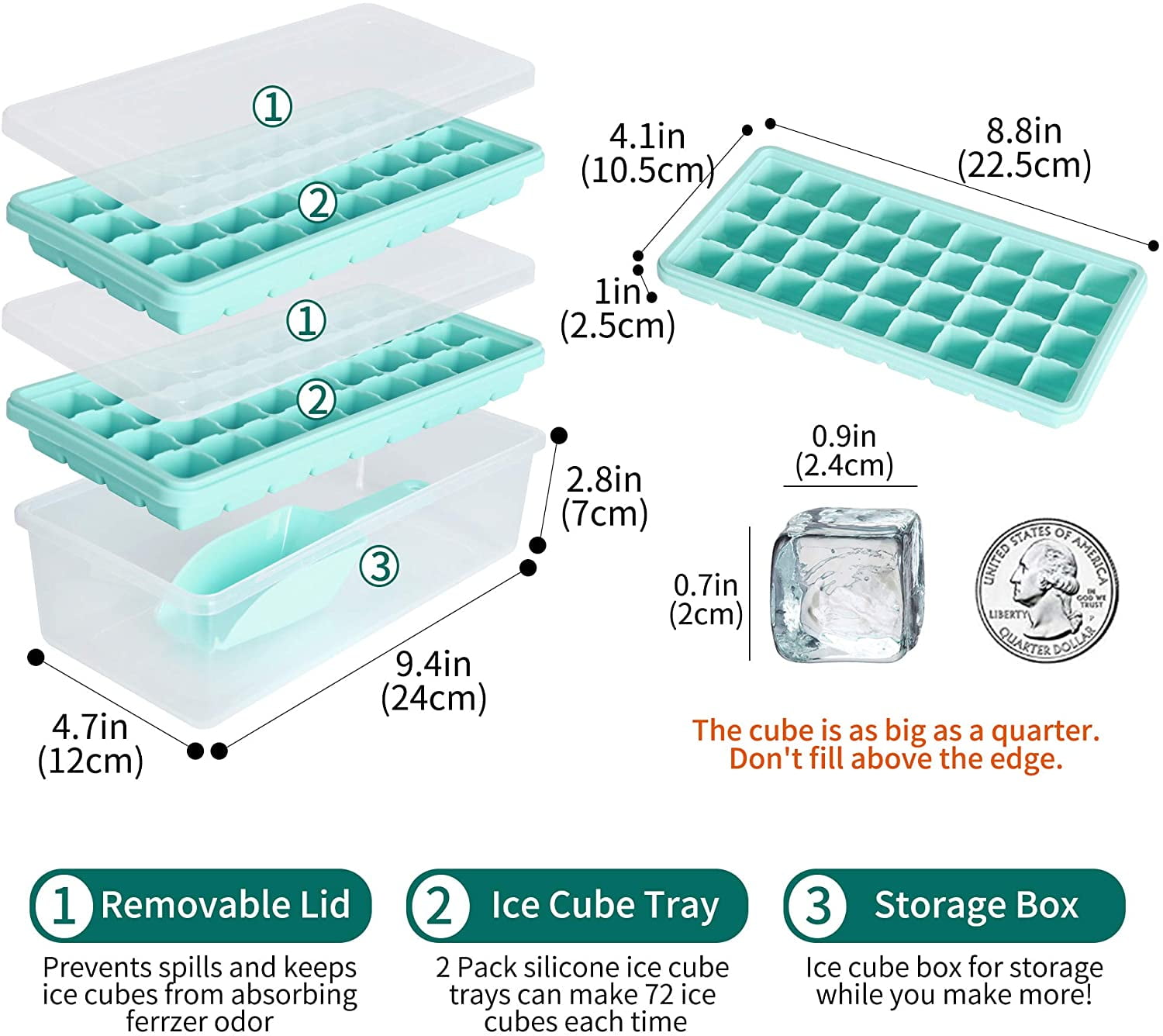 Ice Cube Tray With Lid and Bin,2*36 Nugget Food-grade Silicone Ice Tray,Flexible Ice Cube Molds Comes with Ice Container, Scoop and Cover (Green, 2*36 cubes Silicone suits)