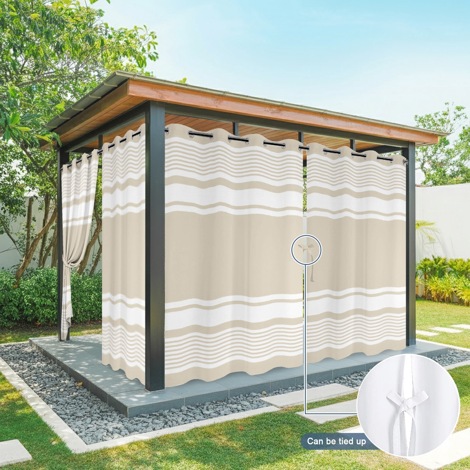 Farmhouse Beige Striped Outdoor Curtains for Patio, Modern Minimalist Stripes Abstract Sunshade Privacy Drapes Grommet Waterproof Outside Curtains for Porch/Cabana/Balcony 54"x 108", 1 Panel