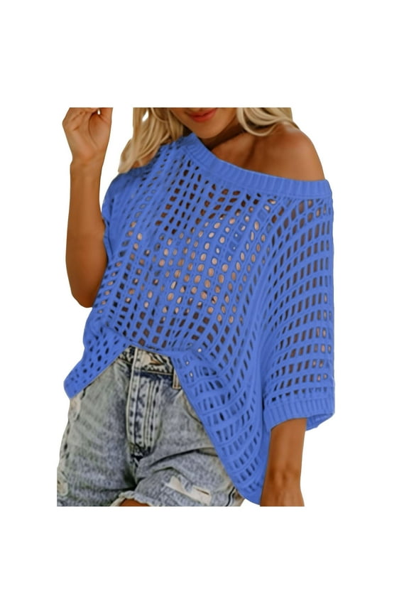 Womens Summer Scoop Neck Short Sleeve Sweater Knitwear Casual Crochet Hollow Out Knit Tops Pullover Shirts Beach Cover Up Boho Female Solid Color Dailywear