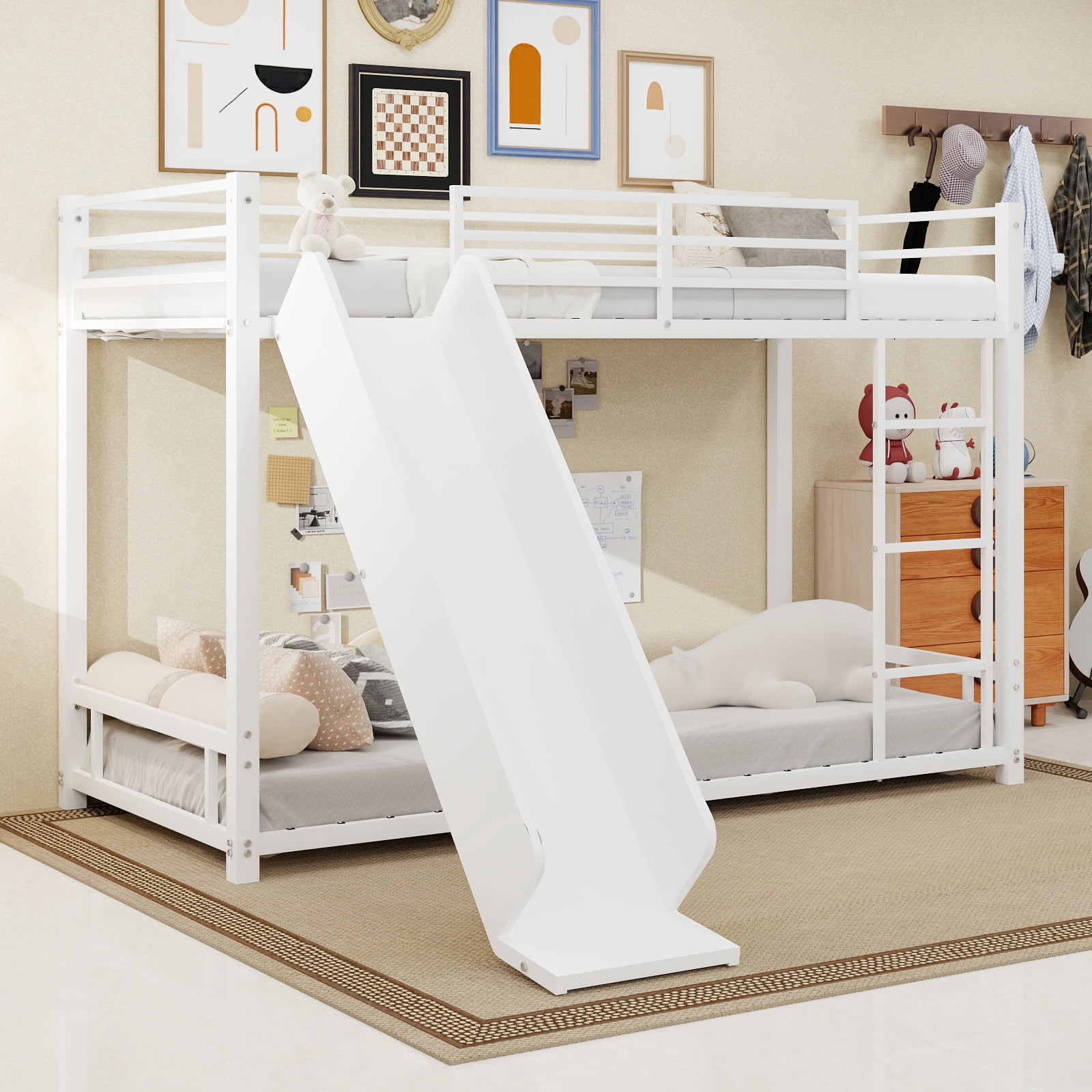 Leumius Twin Bunk Bed with Slide,Heavy Duty Metal Bed Frame with Ladder and Durable Guardrail,Space Saving,Easy Assembly,White
