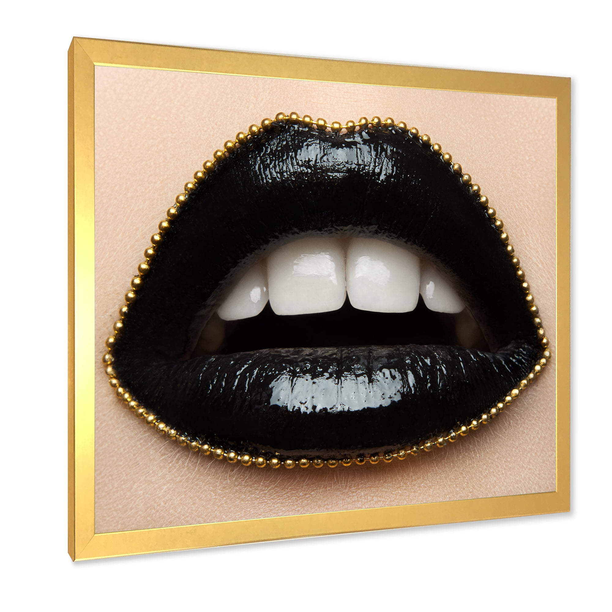Designart 'Woman Lips With Black Lipstick & A Gold Chain' Modern Framed Art Print