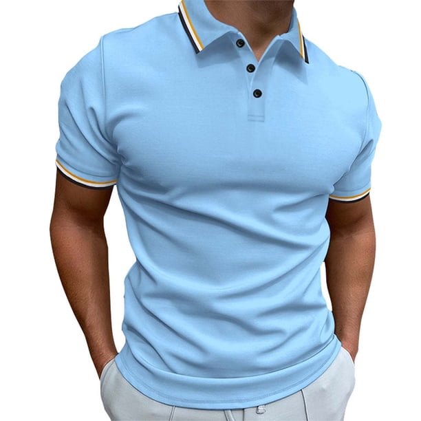 Playera Elvqul para Caballero Azul Celeste Playa Manga Corta Liso con Solapa Botones