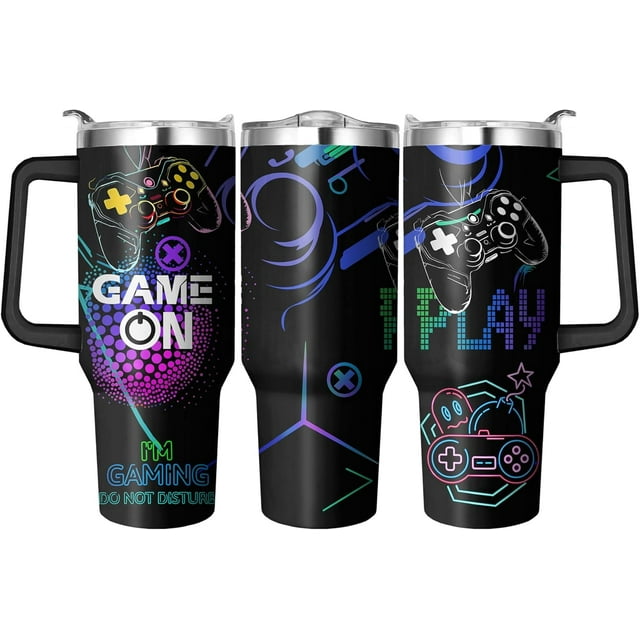 Gobelet Gamer de 40 Oz avec Poignée et Paille, Tasse de Voyage de Jeu à Double Paroi Étanche, Tasse Gamer en Acier Inoxydable avec Poignée et Paille, Bouteille d'Eau Isolée Réutilisable 40 Oz Cadeaux pour Petit Ami