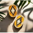 thumbnail image 3 of Vintage clip on 1" gold, black and clear stone button style earrings, 3 of 4