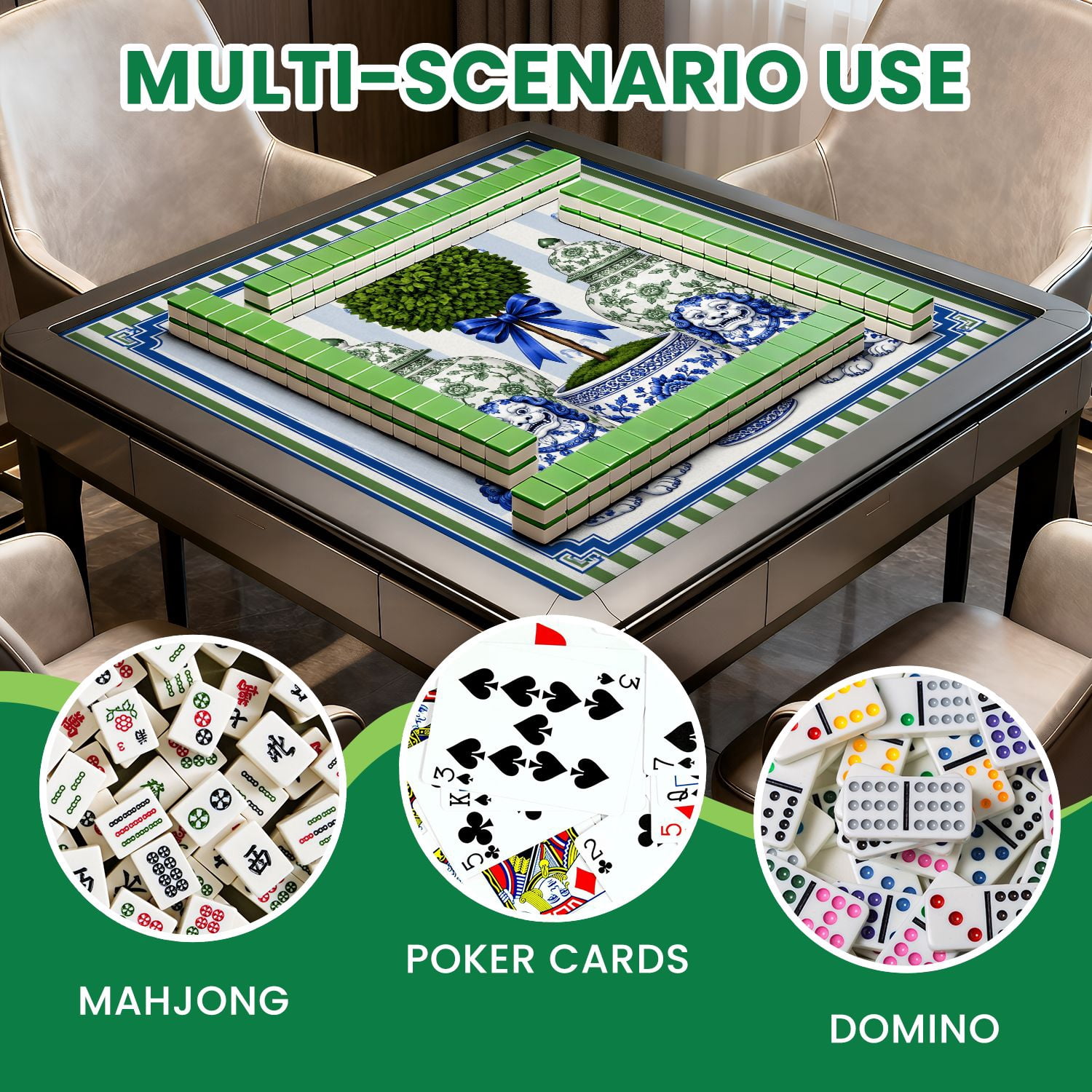 Mahjong Mat 31.5" x 31.5" Blue Green Floral Design Topiary Trees Dog Motif Elegant Frame Non-Slip Noise Reduction Chic Portable Gaming Table Cover for Family Game Night & Gift