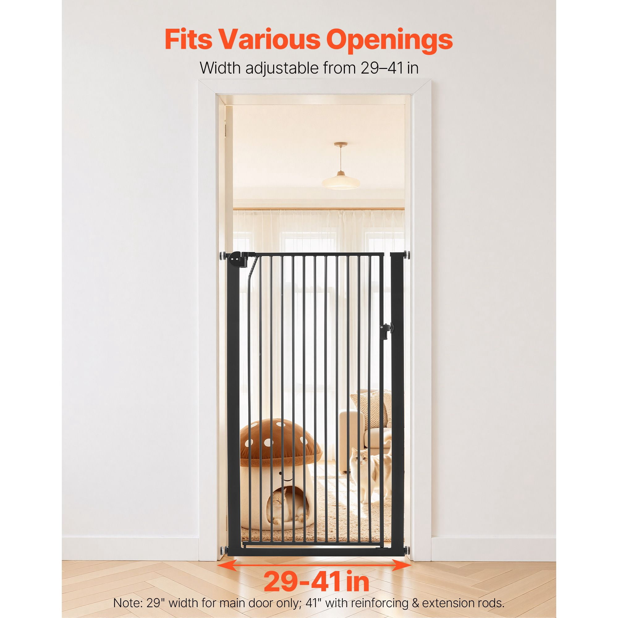 Extra Tall Pet Gate for Cats, 29-41 in Adjustable Width, 56 in High Dog Gate, with Pressure Mount Kit and Wall Mount Kit, 1.3 in Narrow Bar Spacing, for Stairs, Doorways, and House, Black