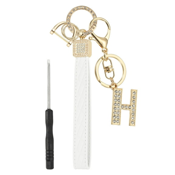 Leather Wristlet Keychain, Letter H Keychains with Key Ring and D Ring Car Keys Keychain Decorative Alphabet Key Chain for Bag Backpack DIY, Gold Tone