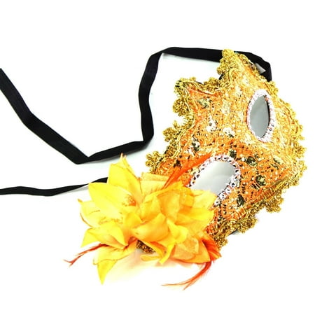 Orange-Yellow Flower Feather Lace Eye Mask Masquerade Ball Party Halloween Costume