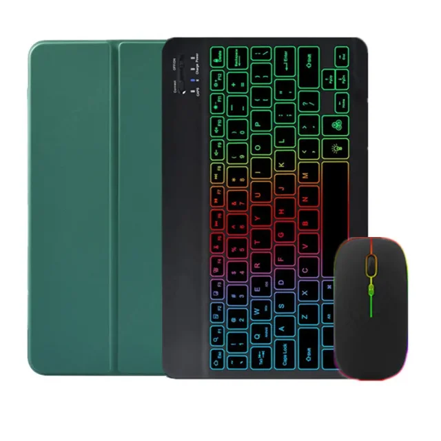 Rainbow Backlit Keyboard Cover For Samsung Galaxy Tab S9 FE Case with Pencil Holder For Galaxy Tab S9 FE 10.9 inch Tablet Cover DarkGreen with mouse Spanish