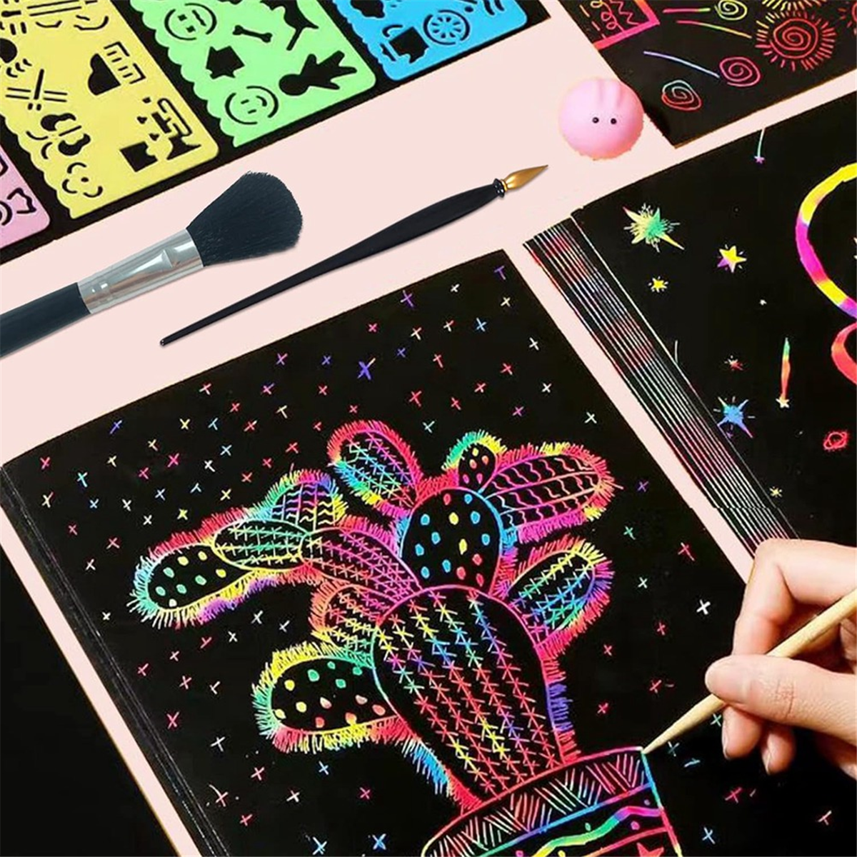 Scratch Paper Art Set,50 Sheets 8x11in Rainbow Coated Scratchboard Large Scratch Paper with Wooden Styluses and Stencils
