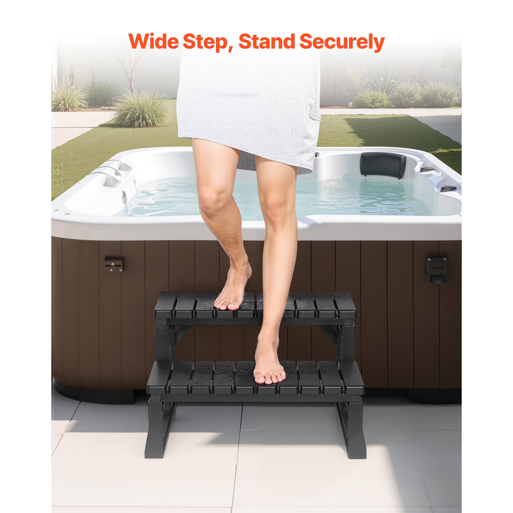 KFFKFF Durable 2-Step Hot Tub Stairs, 23.6" Wide PP Outdoor Spa Steps, 320 lbs Capacity, for Pools, Patios & Decks