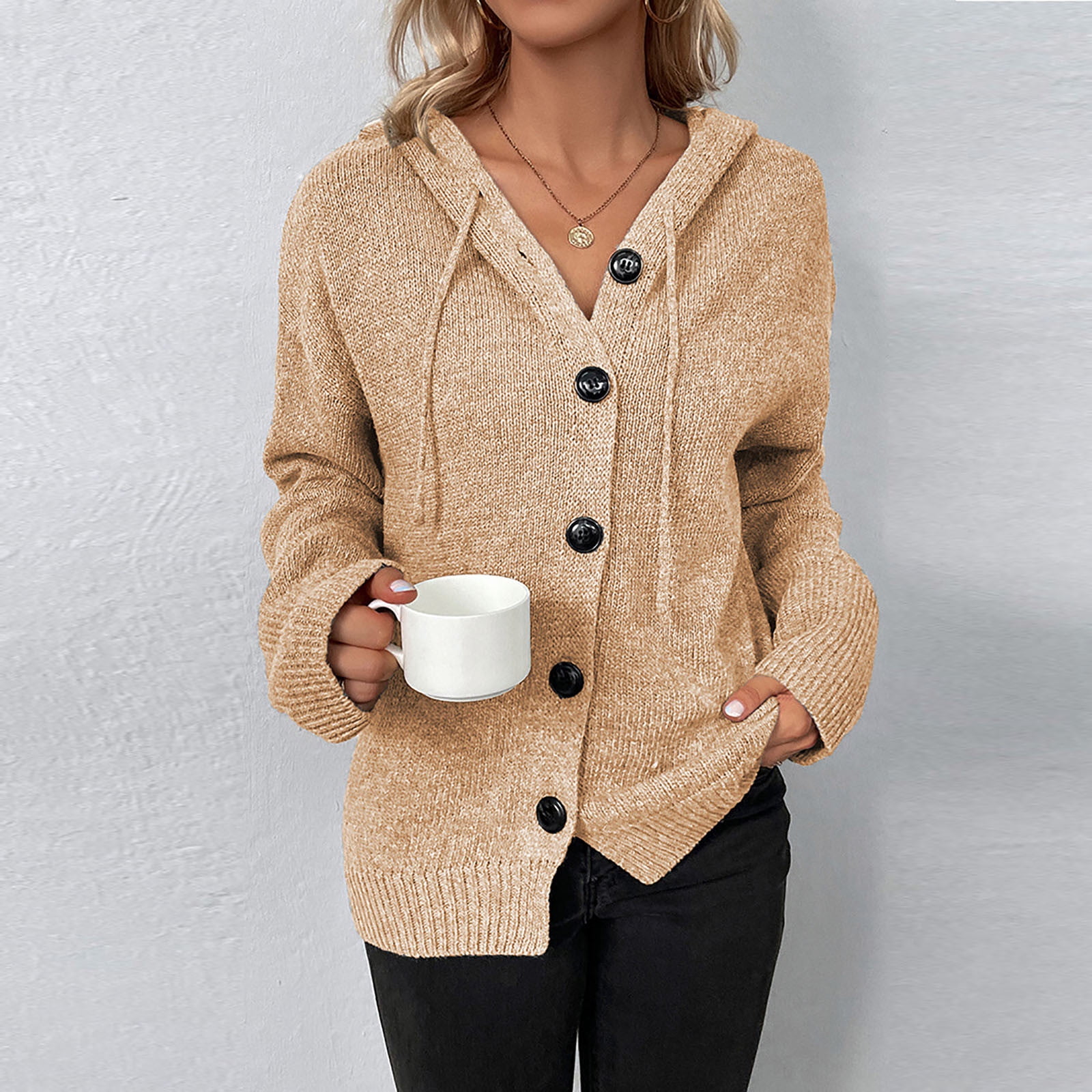 Women's Long Sleeve Knit Cardigan Sweaters Button down Open Front Hooded Jacket Outerwear Fall Winter Clothes - image 5