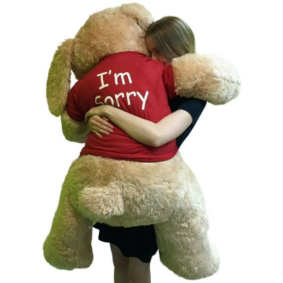 Say I'm Sorry With Giant Stuffed Puppy Dog 5 Foot Soft Tan Wears T shirt that says I'M SORRY