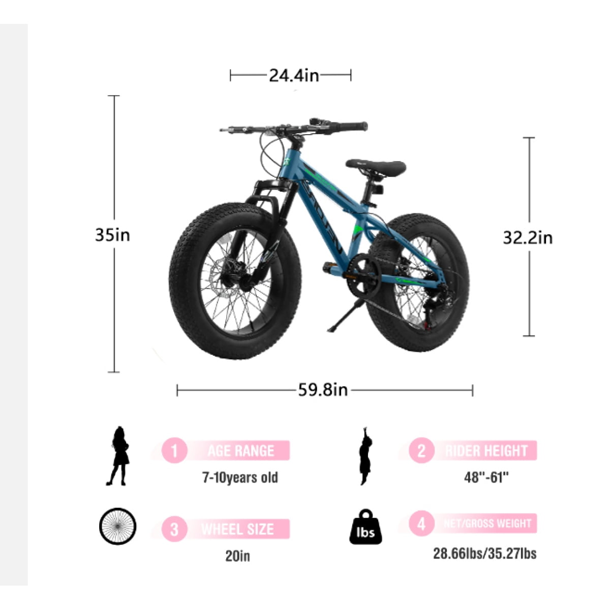 LuckyNote 20 Inch Fat Tire Mountain Bike, 7 Speed, Dual Disc Brakes, High Carbon Steel Frame, Front Suspension, Urban Commuter, Blue