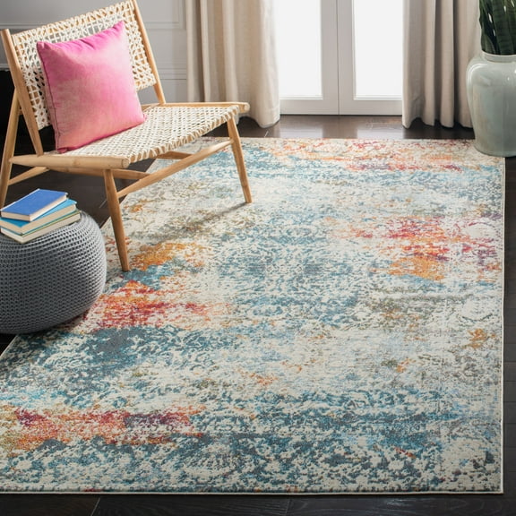 Safavieh  Luxor Arnisa Modern Abstract Distressed Ivory / Blue Rug 6'7" x  6'7" 6' Square,8' Square Indoor Living Room,Bedroom,Dining Room Square