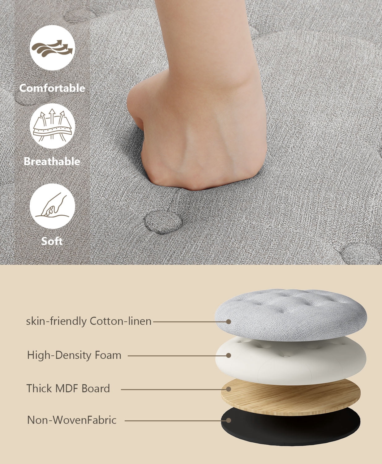 OSM Ottoman,Round Foot Rest Stool, Upholstered Large Ottoman Chair with Storage for Living Room & Bedroom, Decorative Home Furniture, Gray