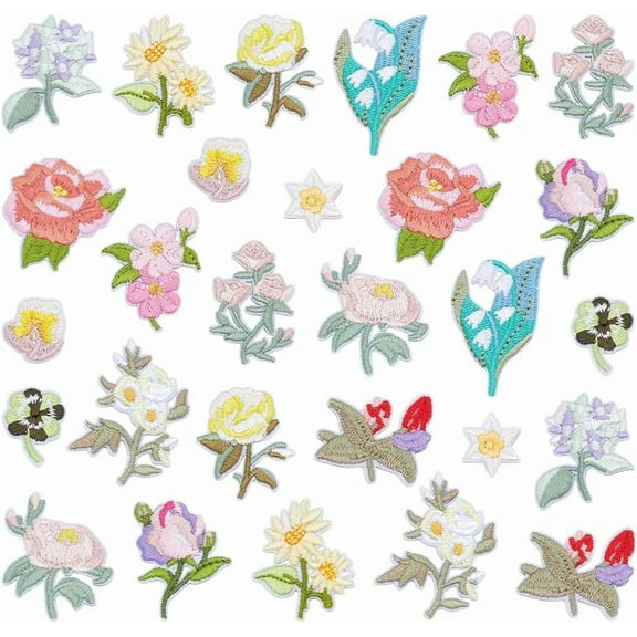 28PCS Flowers Iron on Patches 14 Styles Decorative Embroidered Patches Cute Floral Iron on Embroidery Applique Patches