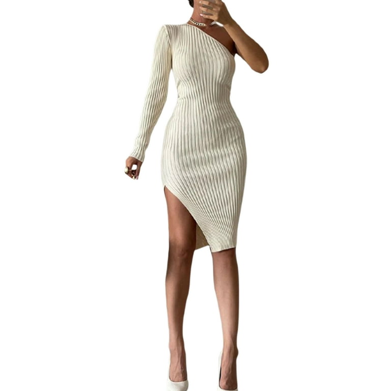Mialoley Women One-shoulder Knit Dress, Adults Ribbed Solid Color