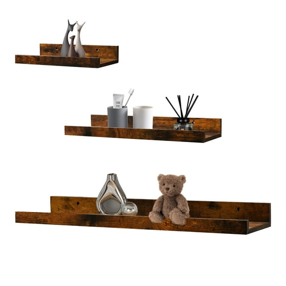 KAIWIN Brown Wood Floating Shelves Set of 3 (24/16/10In) - Wall Mounted Storage & Decor for Home