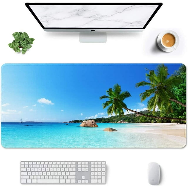 Large Mouse Pad, Full Desk XXL Extended Gaming Mouse Pad 35" X 15", Waterproof Desk Mat with Stitched Edges, Non-Slip Laptop Computer Keyboard Mousepad for Office and Home, Beach Design