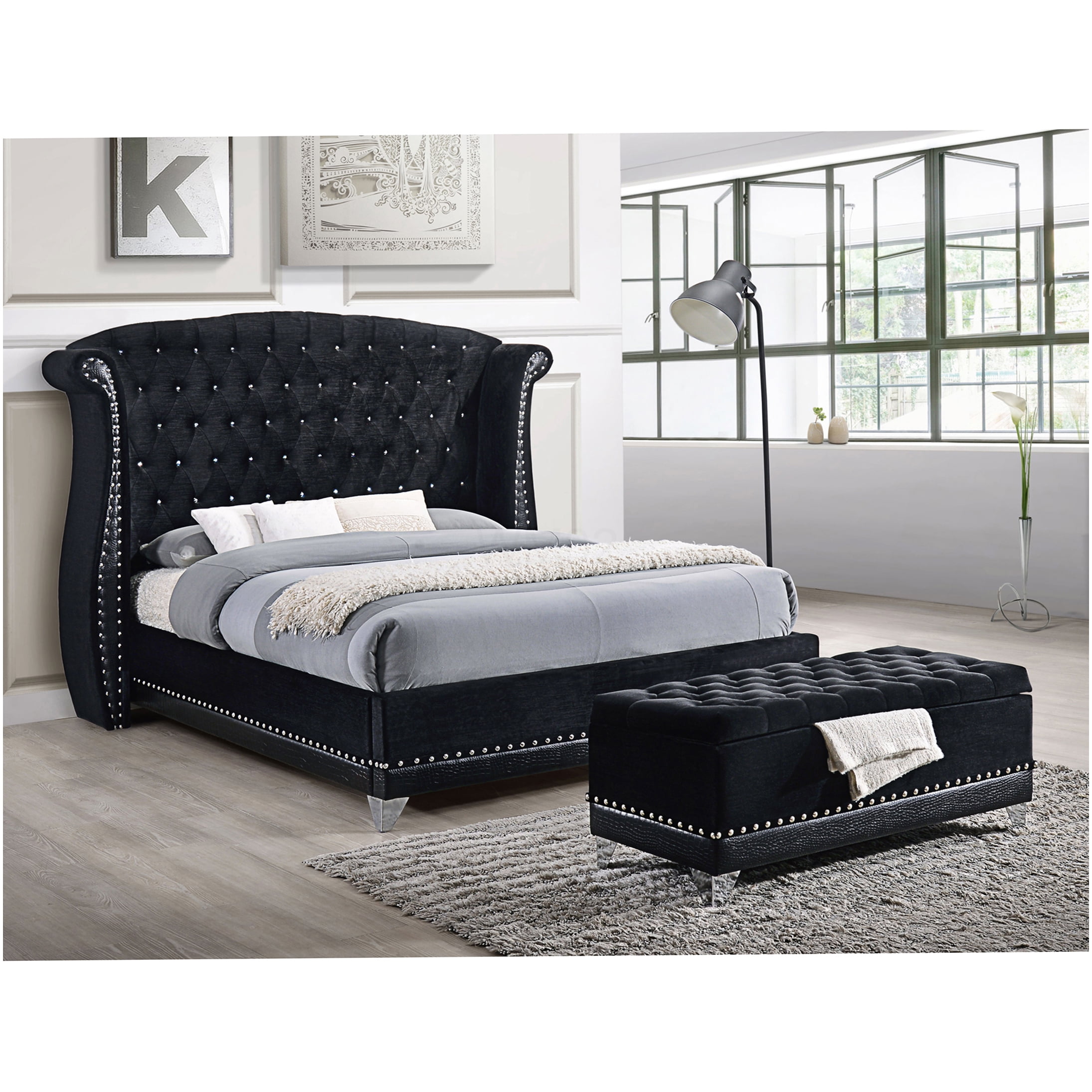 Queen Upholstered Bed Frame with Wingback Headboard, Black Velvet, Tufted Button & Nailhead Trim for Modern Glamour Bedroom