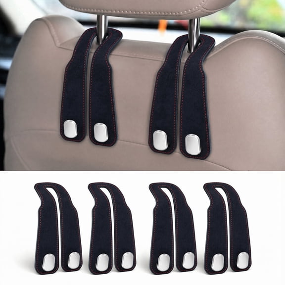 Car Headrest Hooks 4 Pack, Double Seat Back Organizer for Purses, Handbags, Grocery Bags and Accessories, Leather Covered, Black