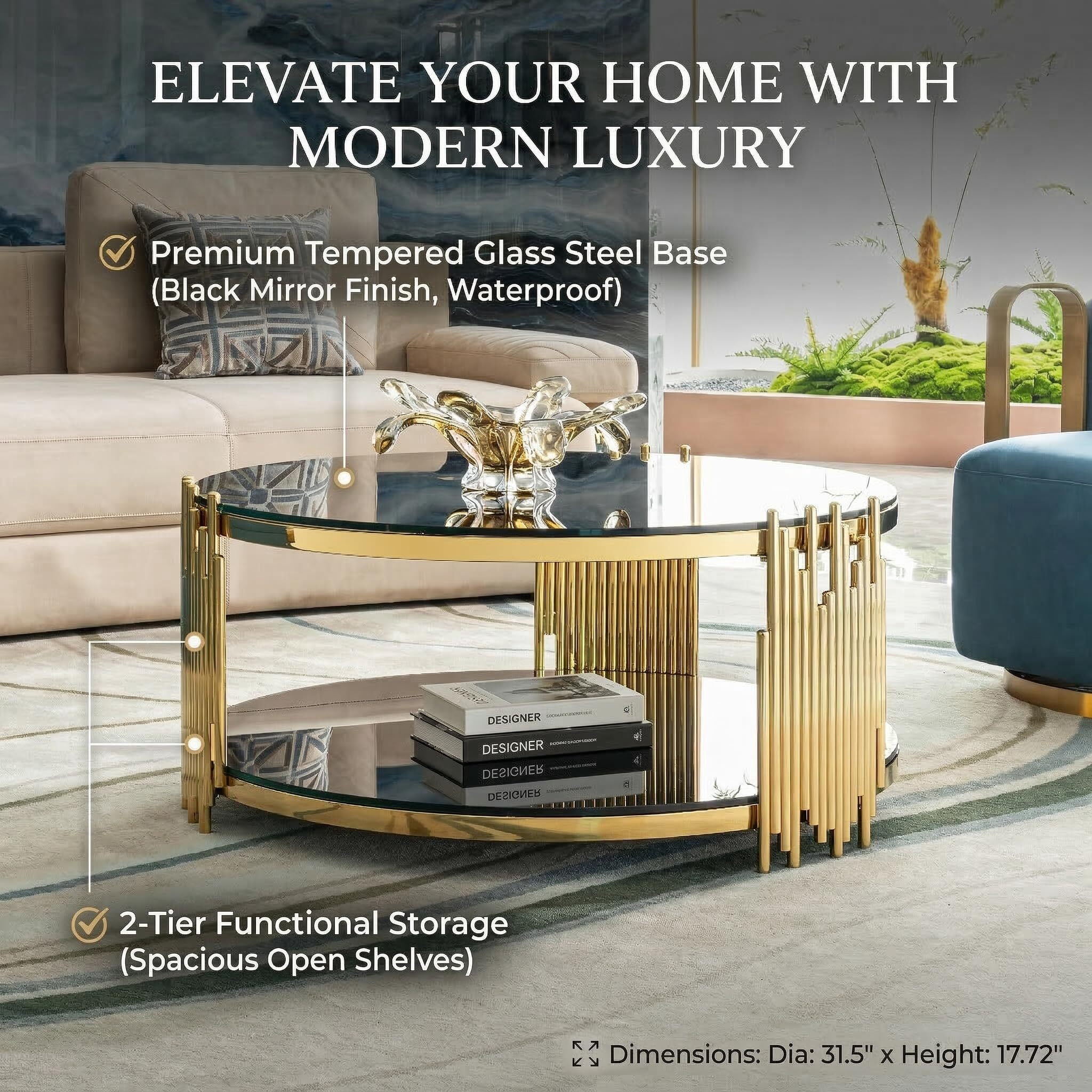 Shikeyi Modern Luxury 31.5" Round Gold Stainless Steel Coffee Table with 2-Tier Black Mirrored Tempered Glass Top, Decorative Center Accent Table for Living Room, Apartment & Home Office