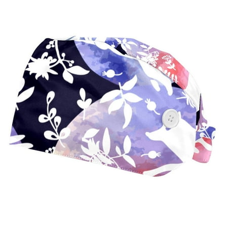 

2PCS Working Cap with Buttons and Sweatband Adjustable Tie Back Hats Bouffant Caps Fairy Animals Scrub Turban Hat