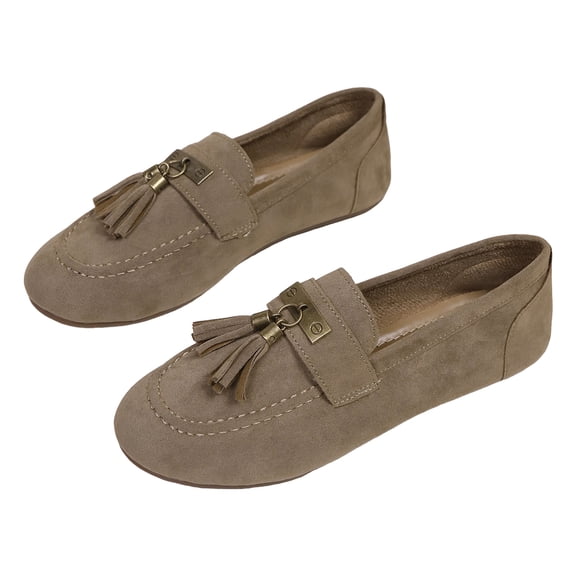 Fringe Loafers for Women Suede Round Toe Trendy Stitching Slip on Pennty Loafers Antislip Casual Flat Walking Shoes Khaki Size 8.5