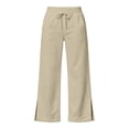 thumbnail image 5 of HomeDM Women's Wide Leg Sweatpants with Pockets Side Slit Hem Baggy Lounge Pants Beige Drawstring Waist Travel Joggers Size L, 5 of 7