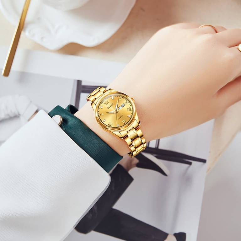 OLEVS Women's Gold Stainless Steel Watch with Dual Calendar photo 3