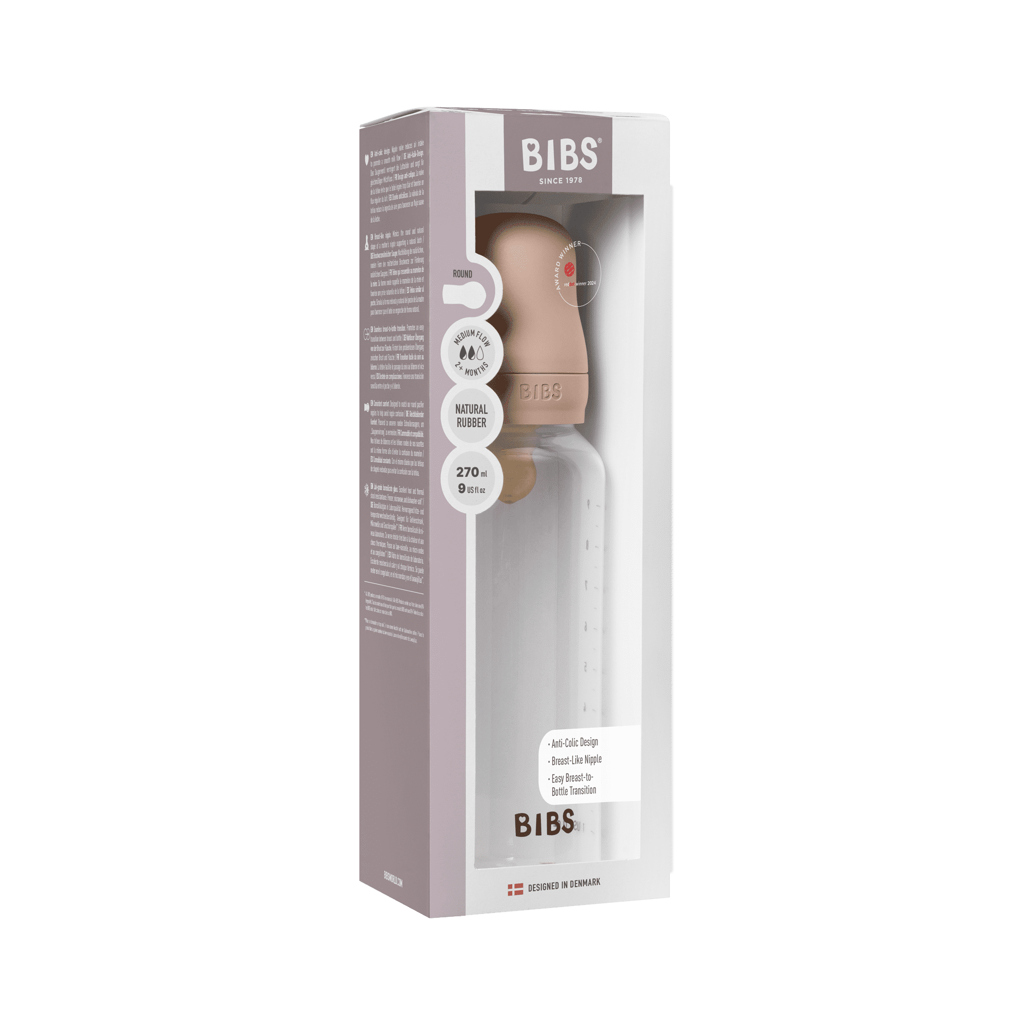 BIBS Baby Bottle with Medium Flow Natural Rubber Latex Nipple, Blush, 9 oz, 1 Each