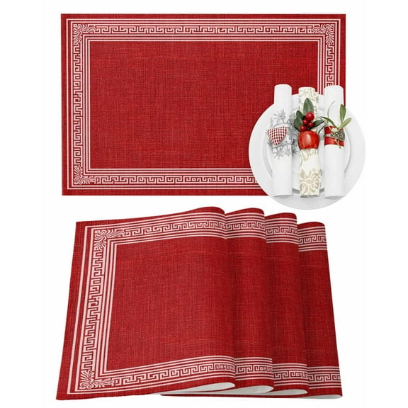 Christmas Red Linen Placemats Set of 8 Greece Vintage Farmhouse Heat Insulation Washable Place Mats, Rustic Non-Slip Table Mats for Dining Table Party Kitchen Decor,13x19 Inch