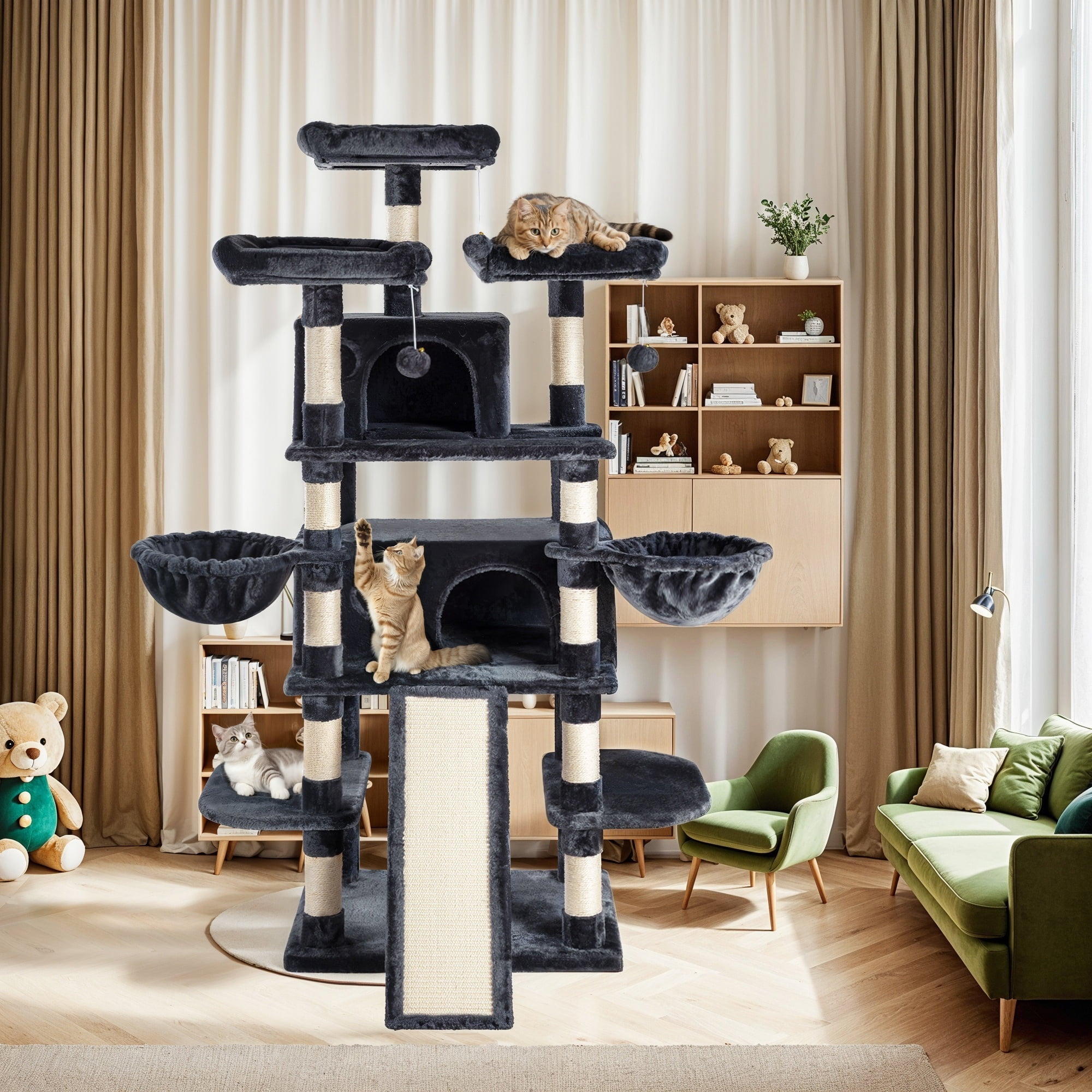 Allewie 68" Multi-Level Large Cat Tree and Tower with Cat Condo House, Scratching Posts & Board, Dark Blue