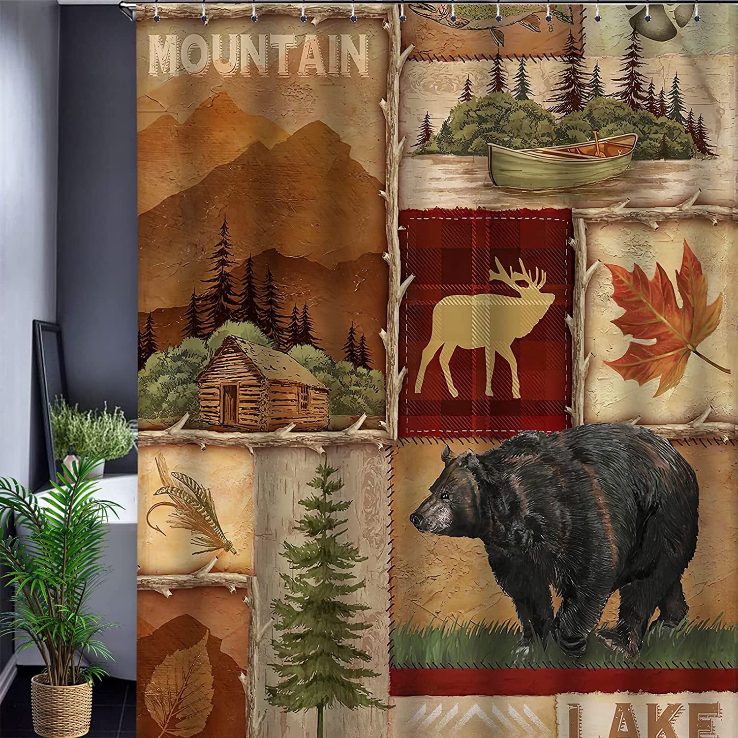 Cabin Shower Curtain Maple Leaf Fishing Moose Deer Bear Country Rustic Curtains Waterproof Bath 72x72 Inch Com