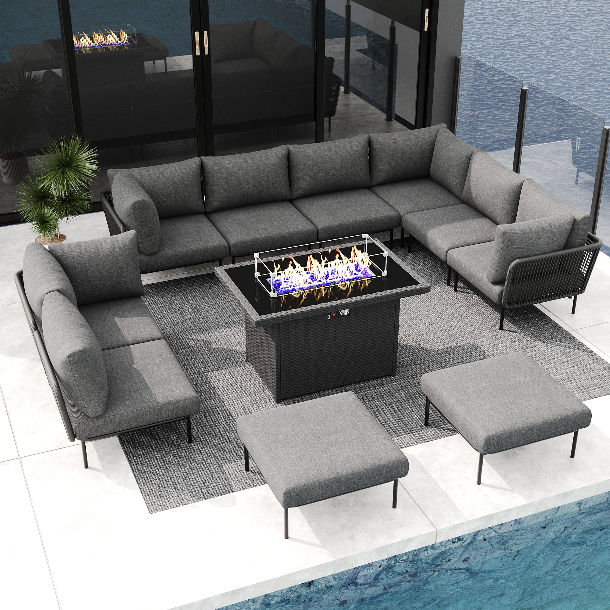 LayinSun 11 Pieces Aluminum Patio Furniture Set, Modern Modular Sectional Sofa with Fire Pit Table and Upgrade Thickness Cushion