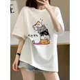 thumbnail image 1 of Summer Cute Cartoon Cat Print Long T-Shirt for Women, Casual Loose Crew Neck Short Sleeve Top, Cotton Knit Fabric, 185g/m² - Pullovers, 1 of 8