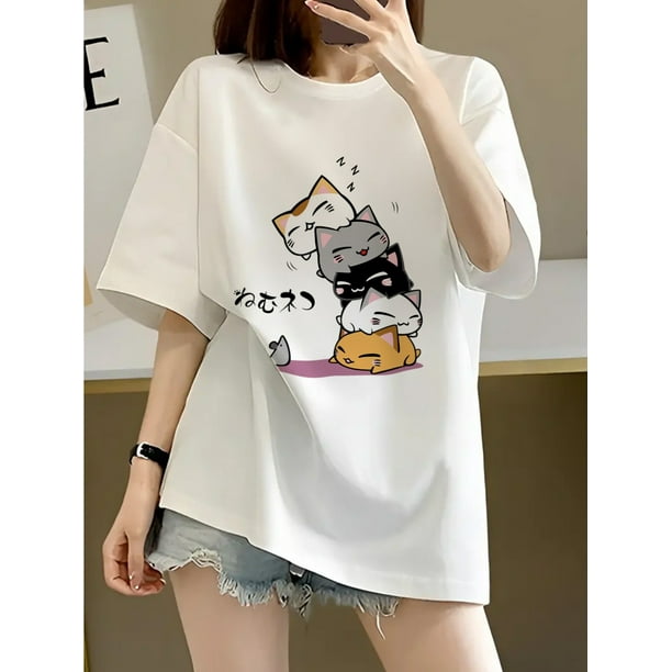 Summer Cute Cartoon Cat Print Long T-Shirt for Women, Casual Loose Crew Neck Short Sleeve Top, Cotton Knit Fabric, 185g/m² - Pullovers